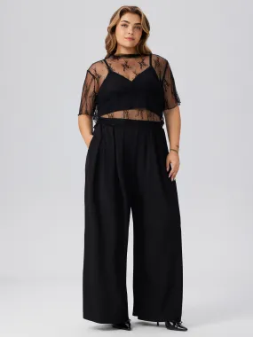 Conjunto de 3 piezas con Top de Encaje y Cuello Alto & Camiseta Lisa & Pantalón de Tiro Medio Curvy