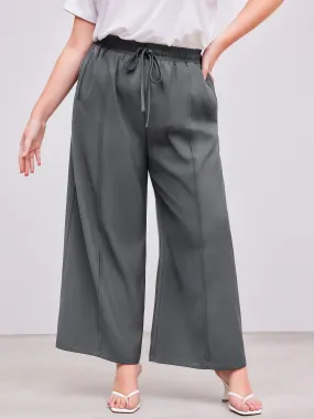 Pantalón Ancho Plisado con Bolsillos y Cintura Elástica de Tiro Medio Curvy