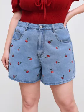 Shorts Vaqueros de Tiro Medio con Bordado de Cerezas Curvy