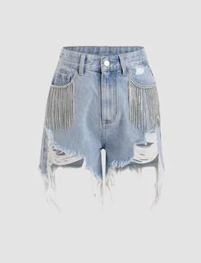 Shorts vaqueros rasgados con borlas de diamantes