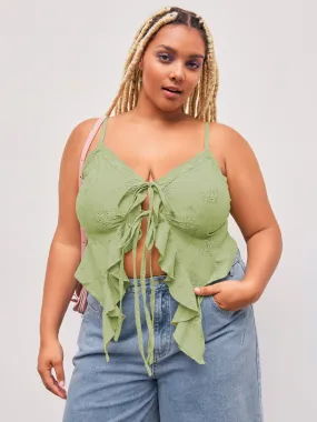 Top con Nudo y Volante en el Dobladillo de Encaje Curvy