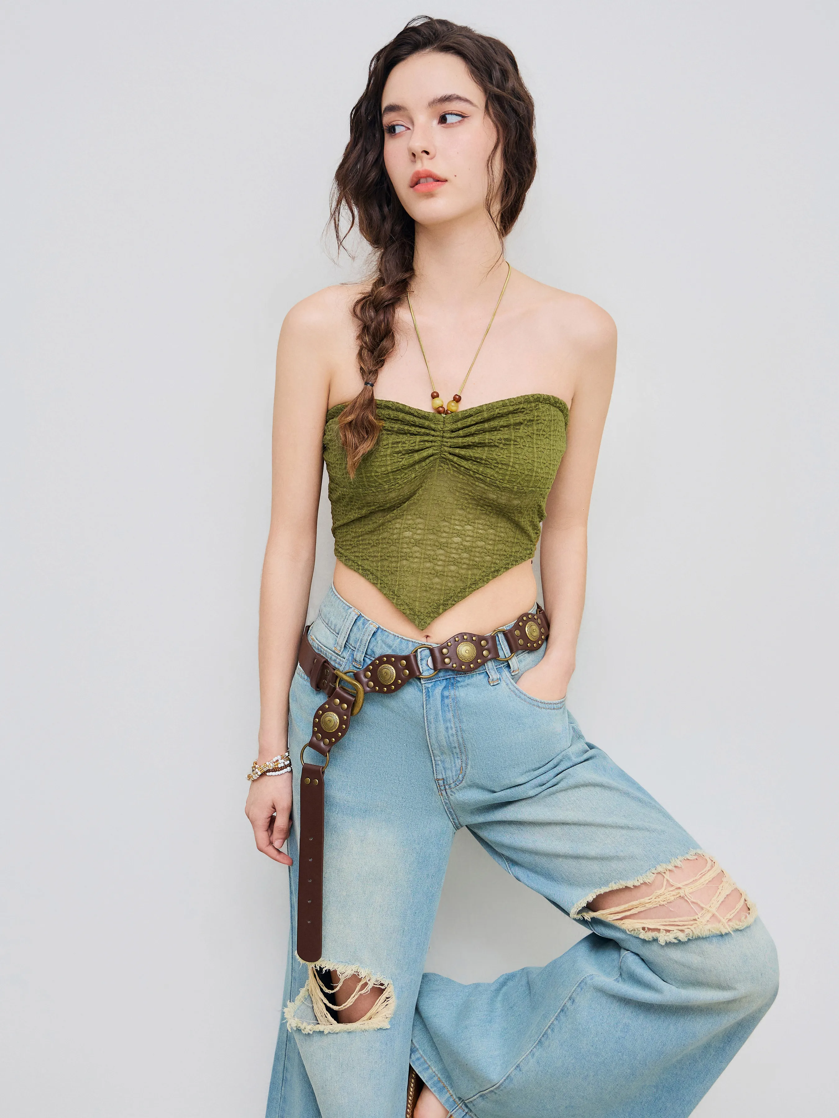  Top de tirantes anudado y fruncido Halter Crop