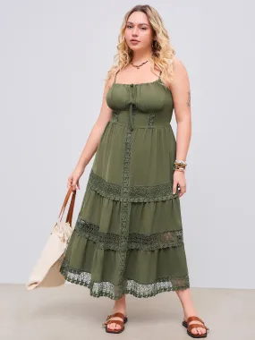 Vestido Maxi de Tirantes con Volantes y Corpiño de Encaje Tejido Curvy