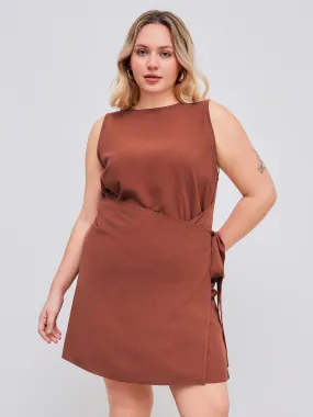 Vestido Mini de Lino con Cuello Redondo, Cremallera y Nudo Curvy